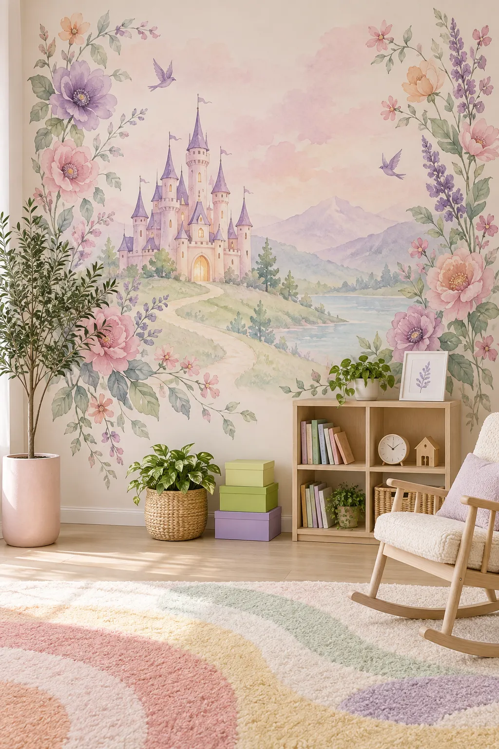 Playroom concept with a pastel princess castle and floral wall backdrop.