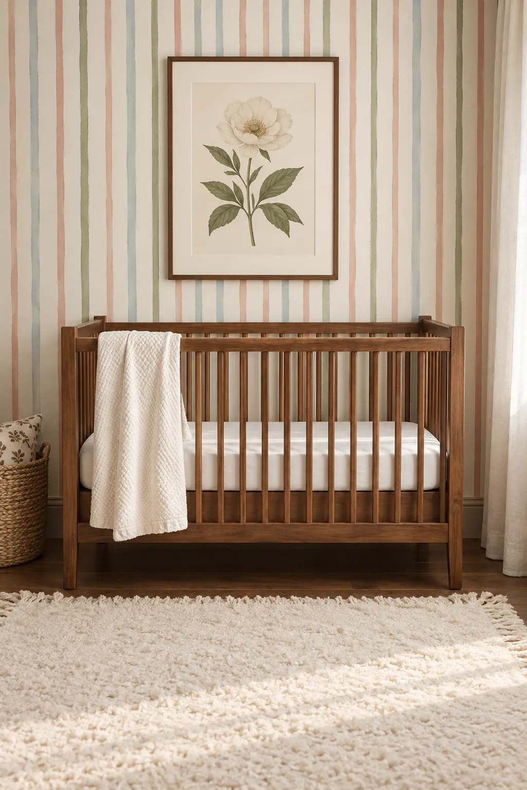 Botanical artwork layered over pastel striped wallpaper in a nursery scheme.