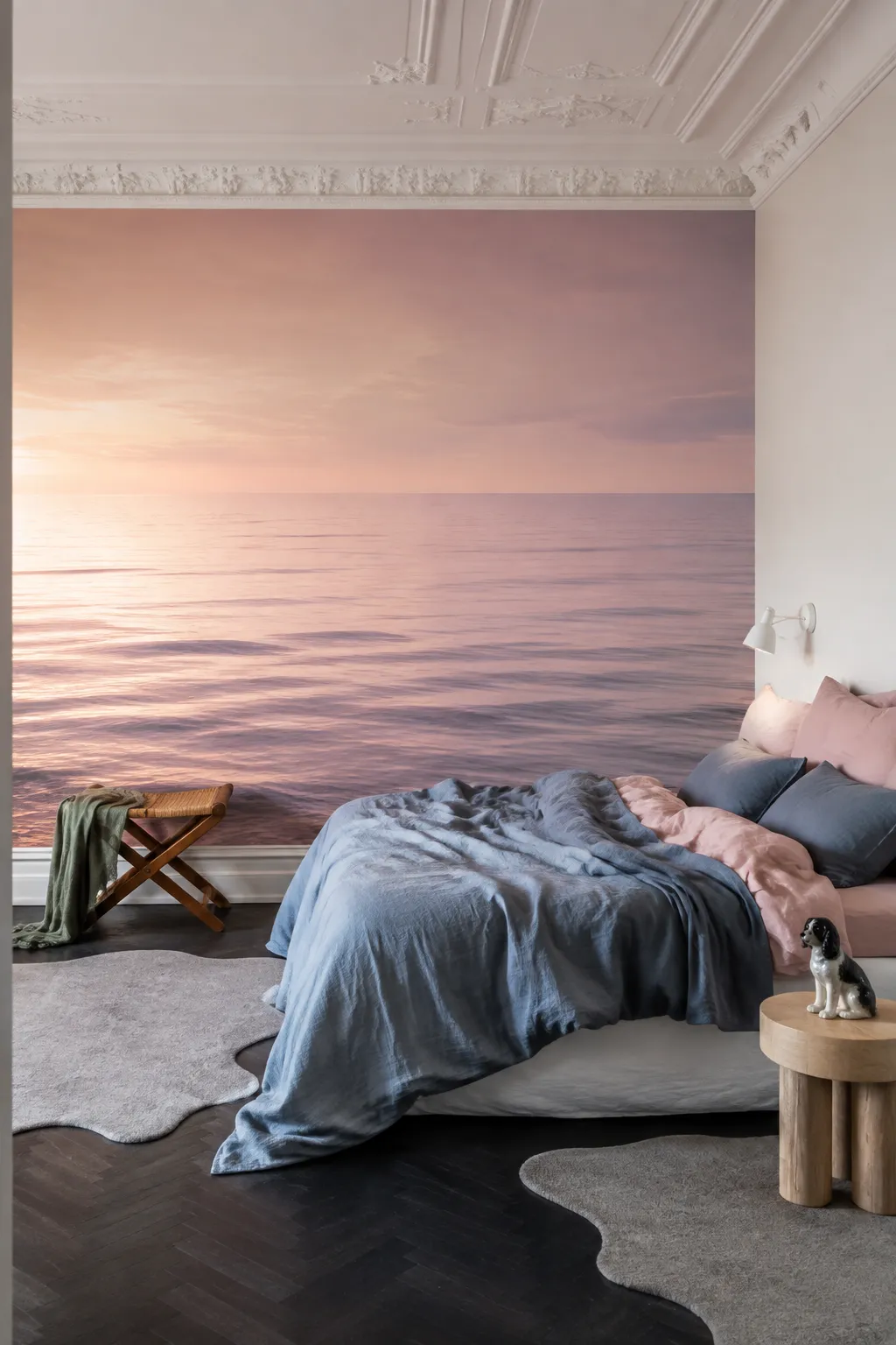 Pastel ocean sunset mural concept with a soft bedroom color palette