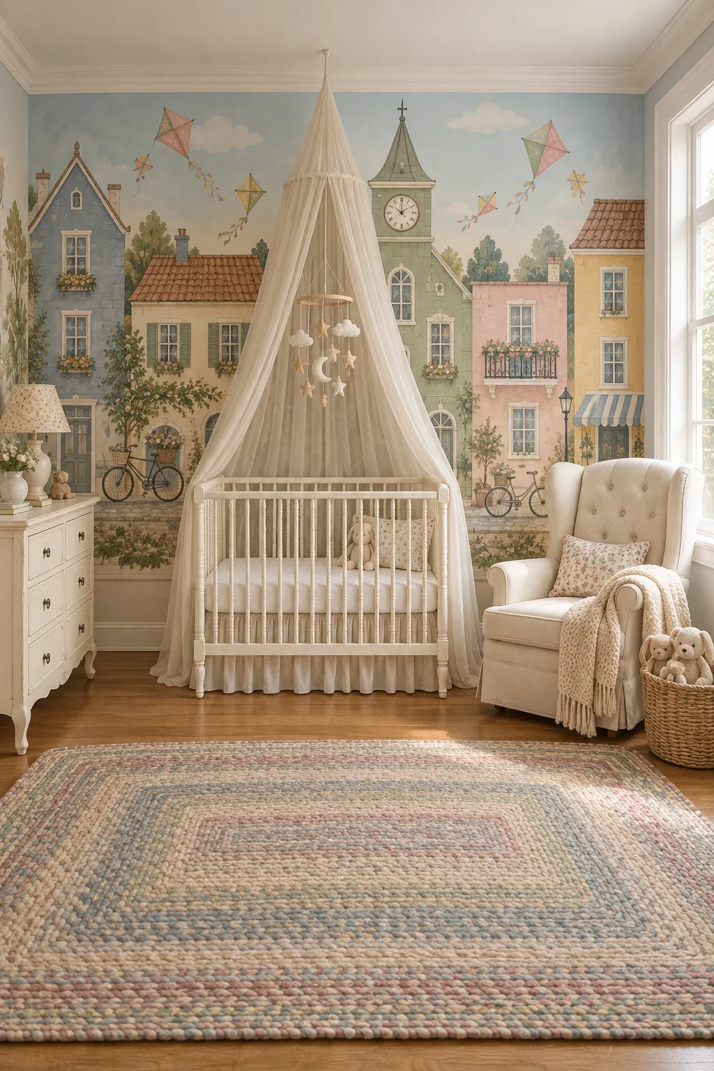 Neutral nursery concept featuring a pastel castle village backdrop.
