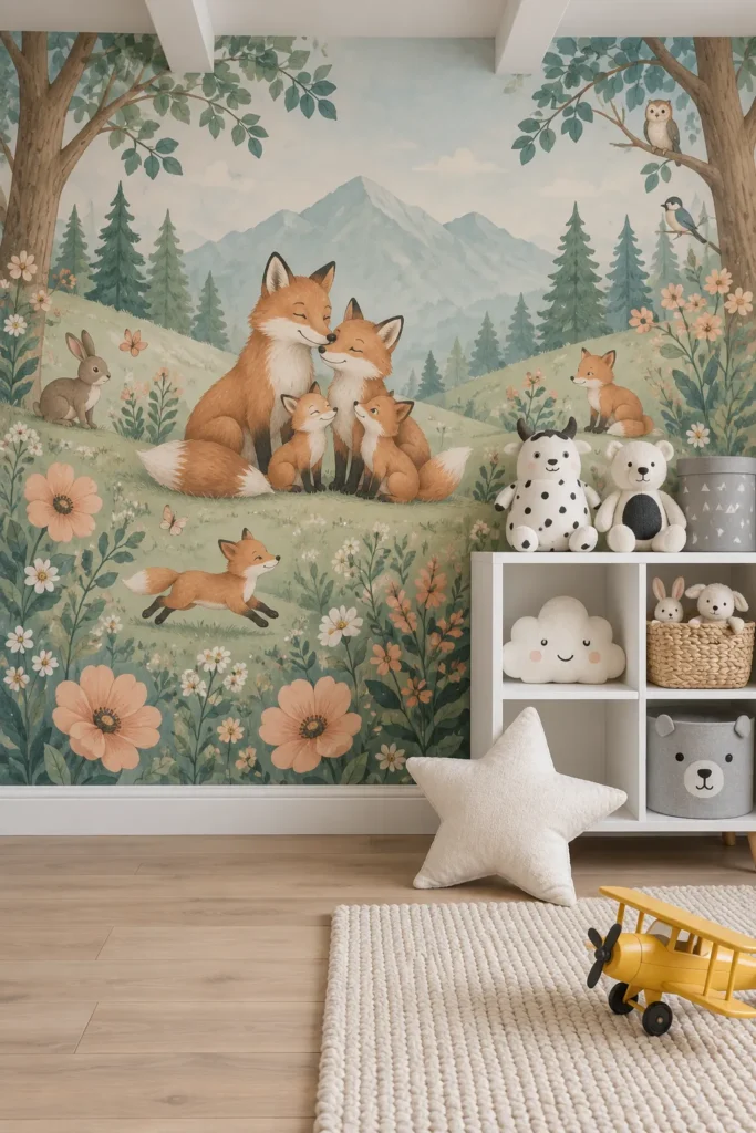 Pastel woodland fox family artwork for a softly colored nursery