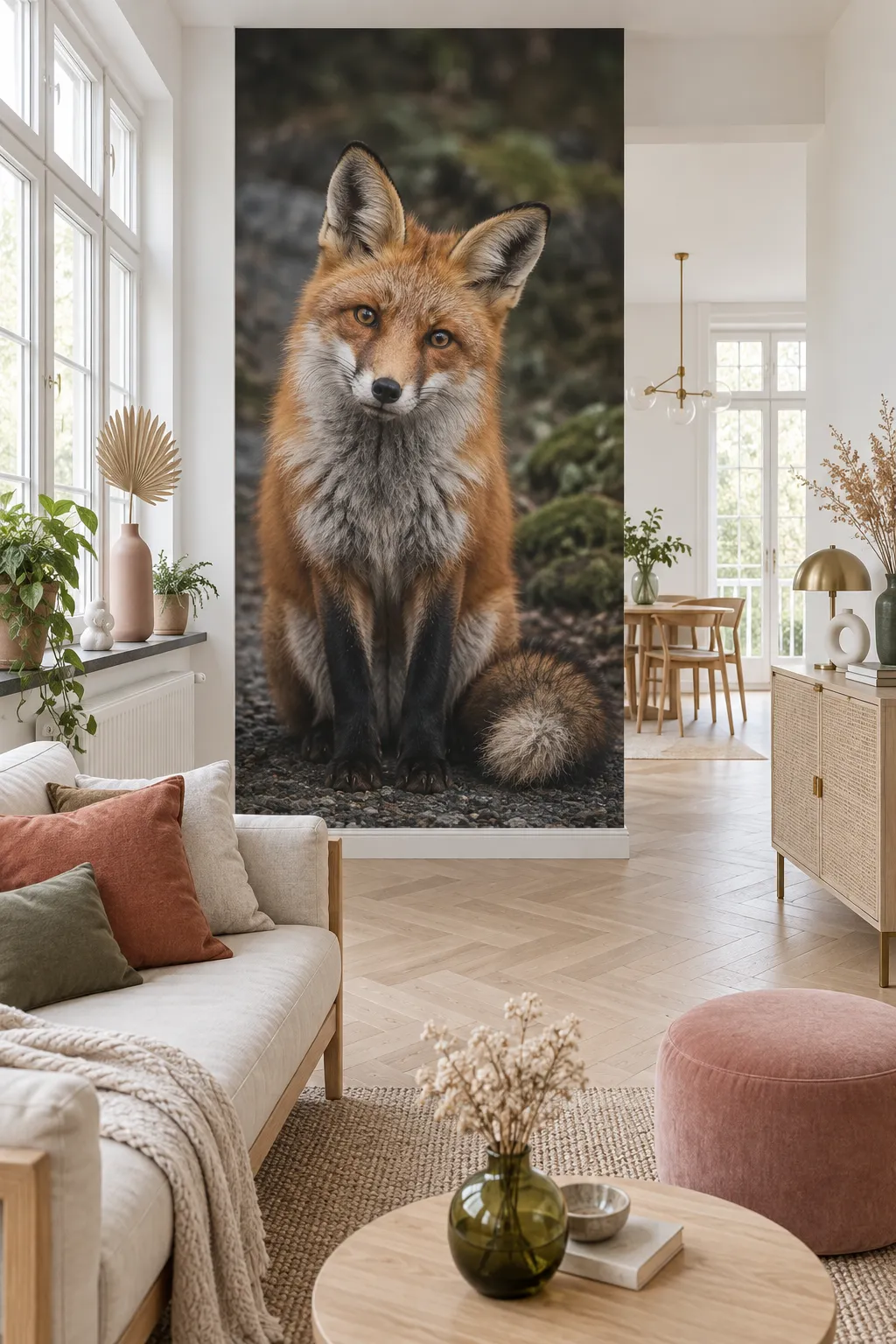 Bright Scandinavian living room concept featuring a photographic fox portrait