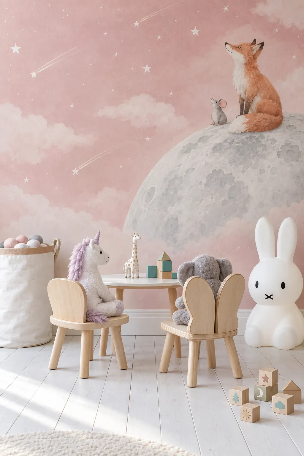 Celestial fox imagery paired with soft pink nursery or playroom decor