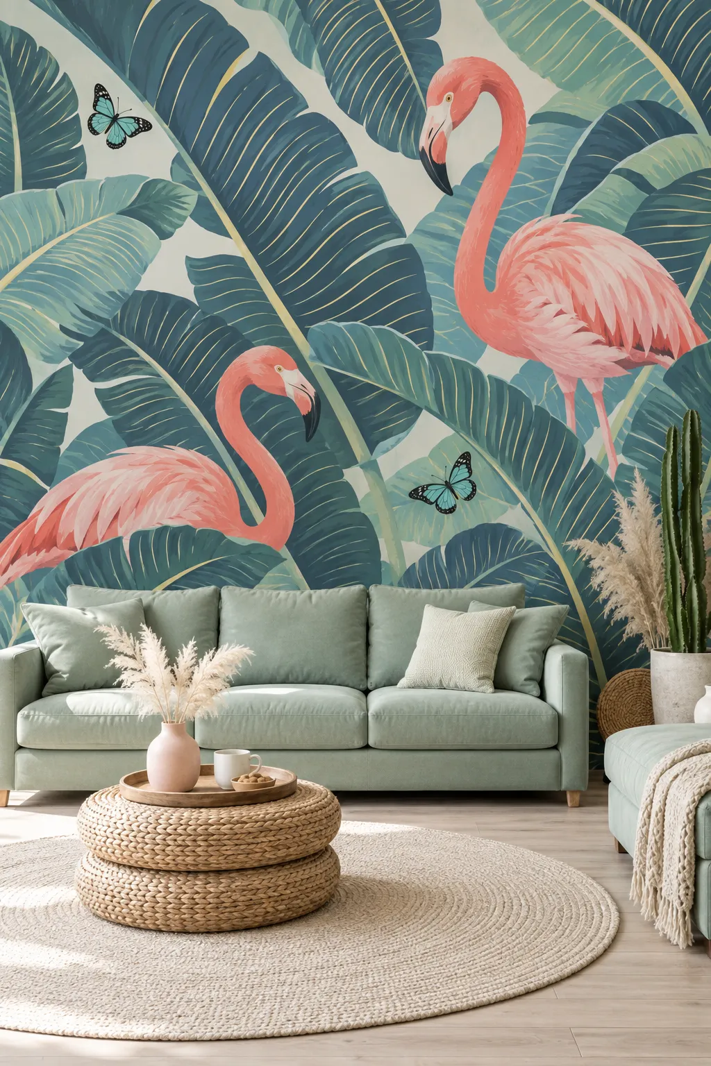 Mint sofa paired with a tropical pattern of pink flamingos and banana leaves.