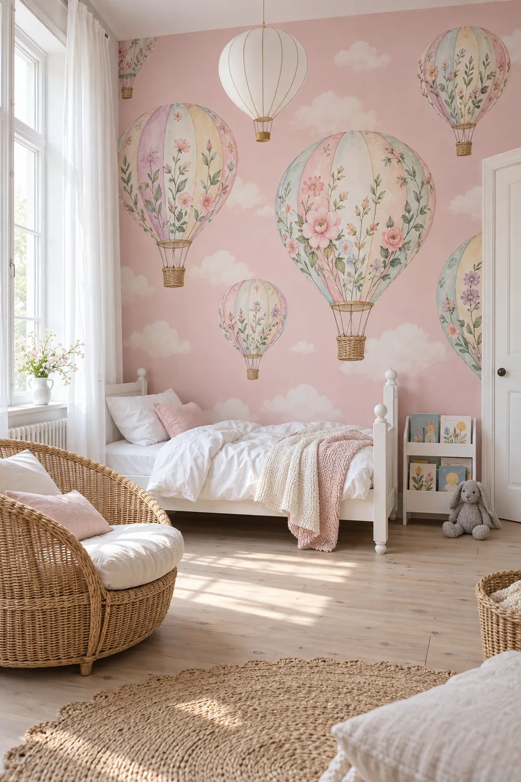 Pink floral hot air balloon theme for a flower-filled bedroom
