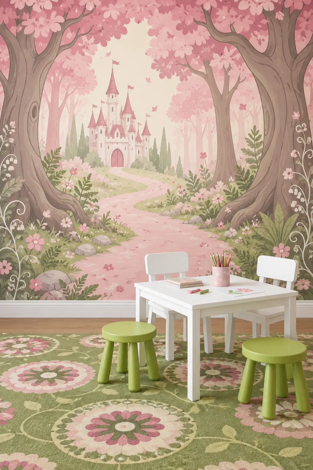 Playroom concept with a castle surrounded by a pink storybook forest.