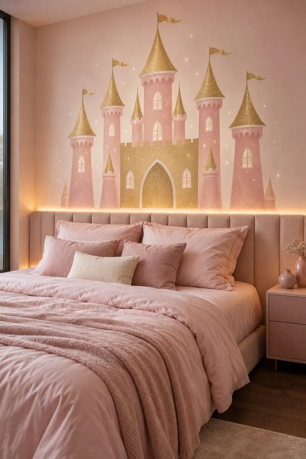 Blush bedroom concept coordinated with a pink and gold castle backdrop.