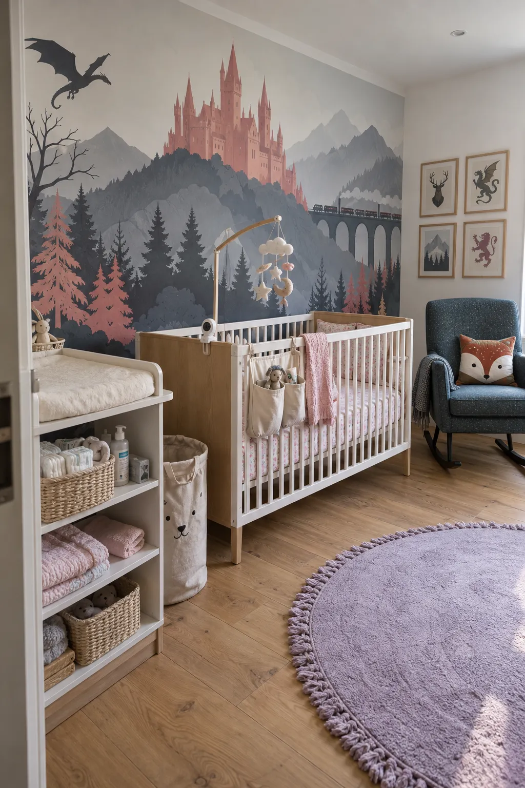 Nursery concept balancing pink fantasy castle towers with gray furnishings.
