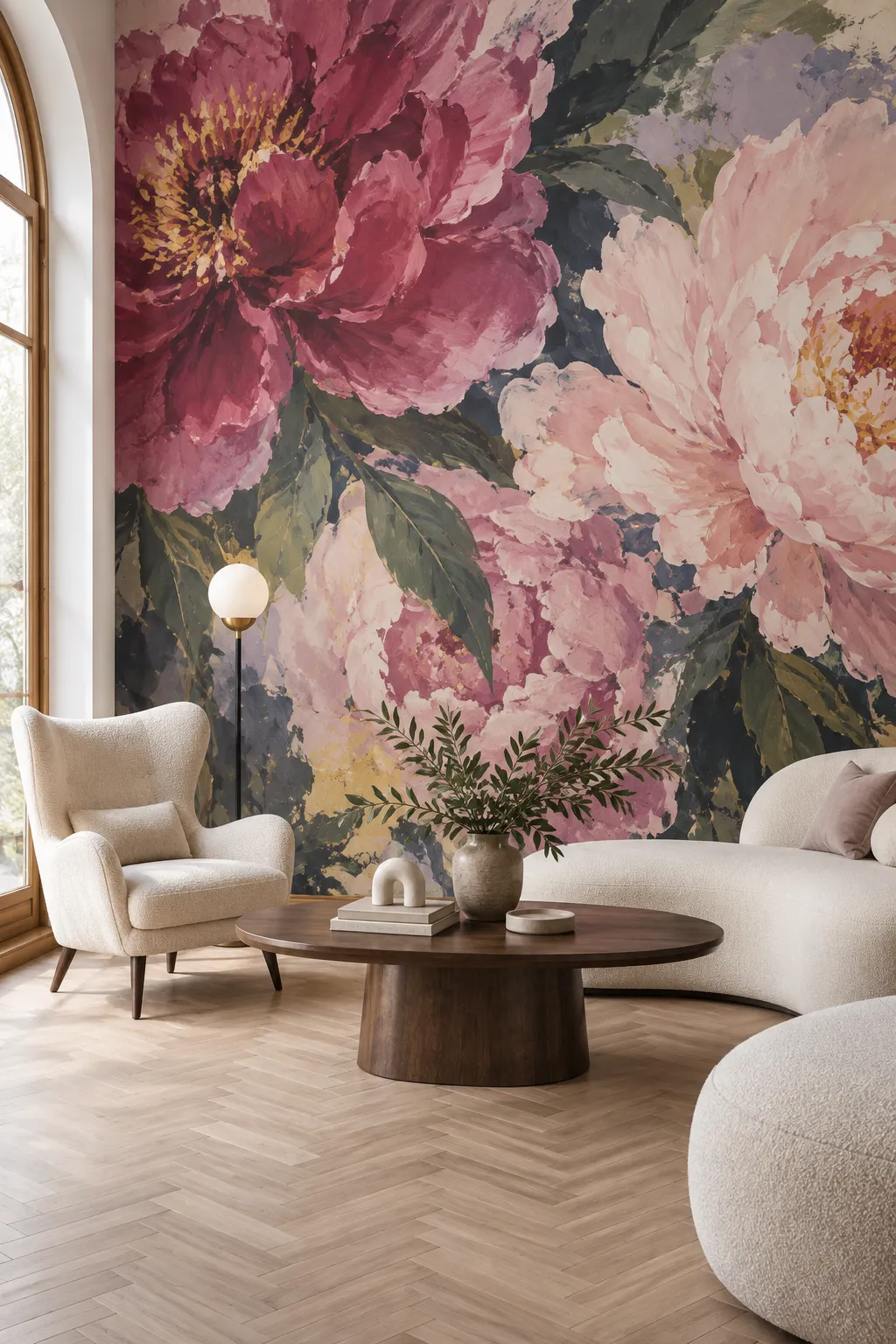 Painterly pink peony wall design in a cream living room
