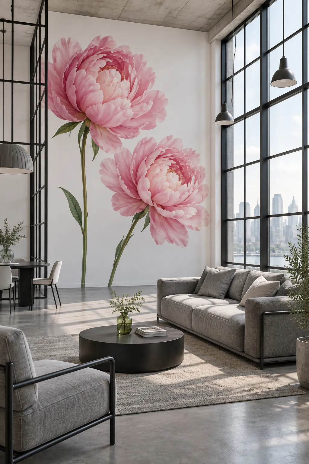 Industrial loft living room concept featuring soft pink peony walls.