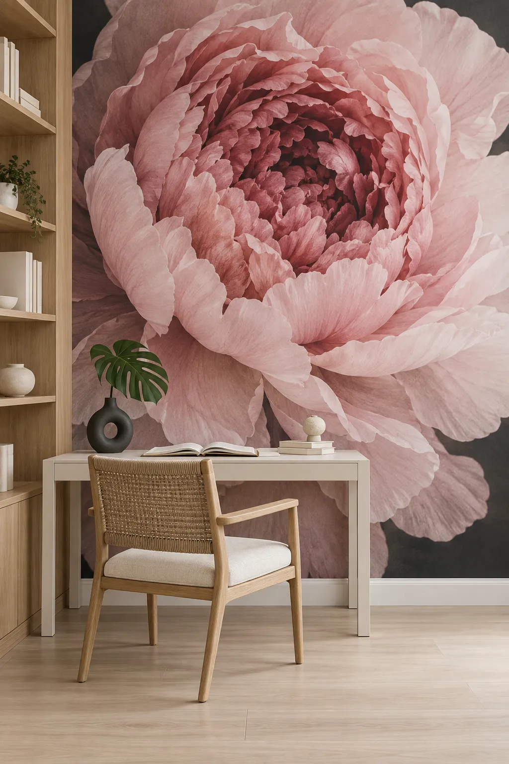 Home office concept pairing pink peony walls with a natural oak desk.