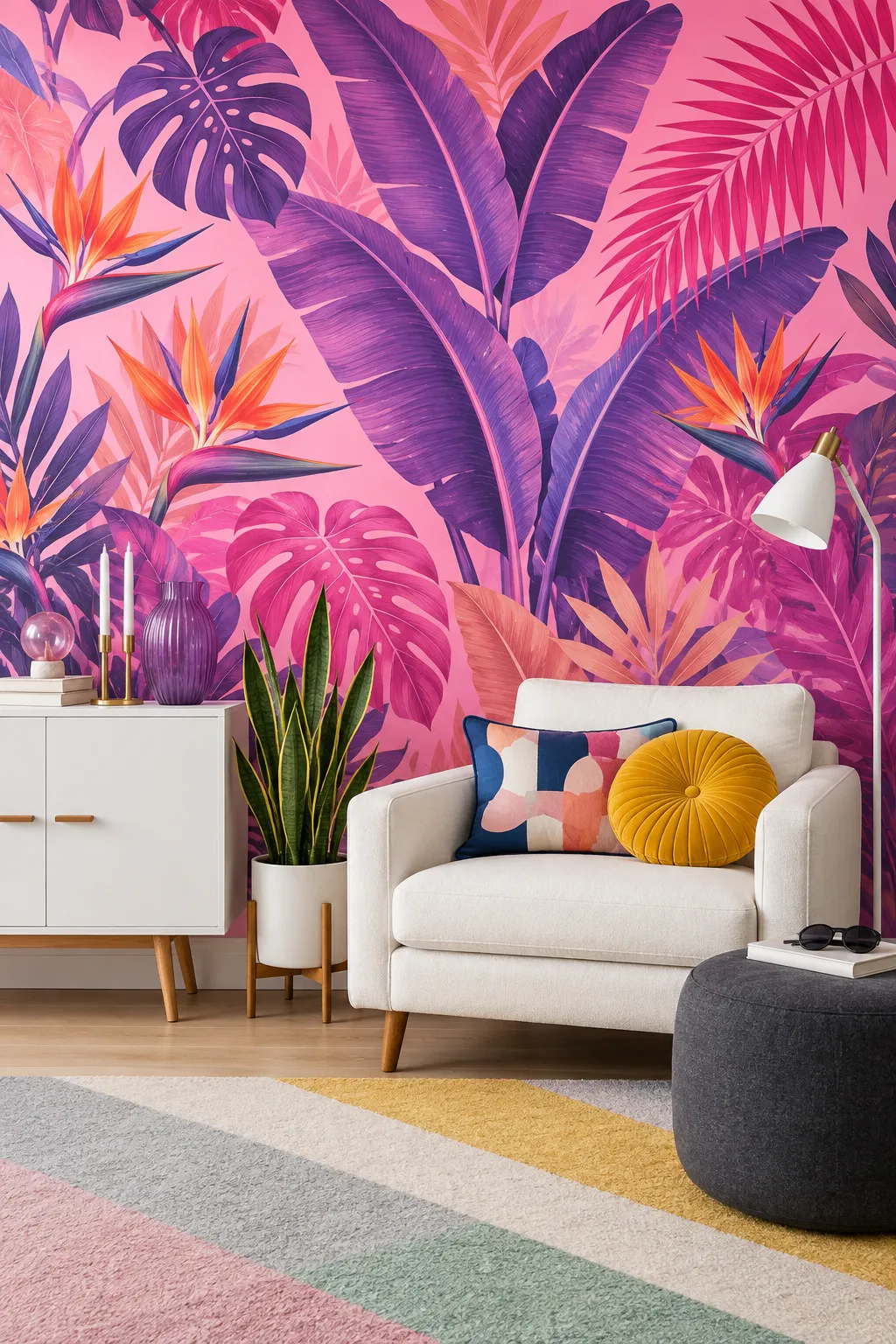 Colorful living room concept featuring pink and purple leaf wallpaper.