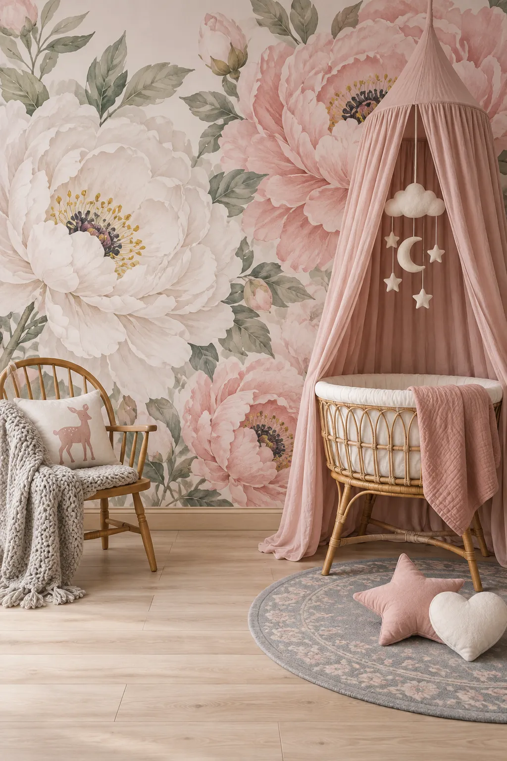 Pink watercolor peony wall design paired with rattan nursery furniture