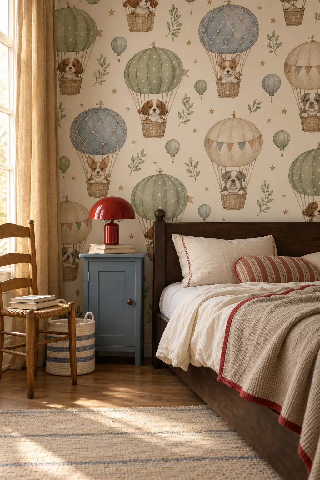 Vintage kids bedroom concept combining puppy details and hot air balloons.