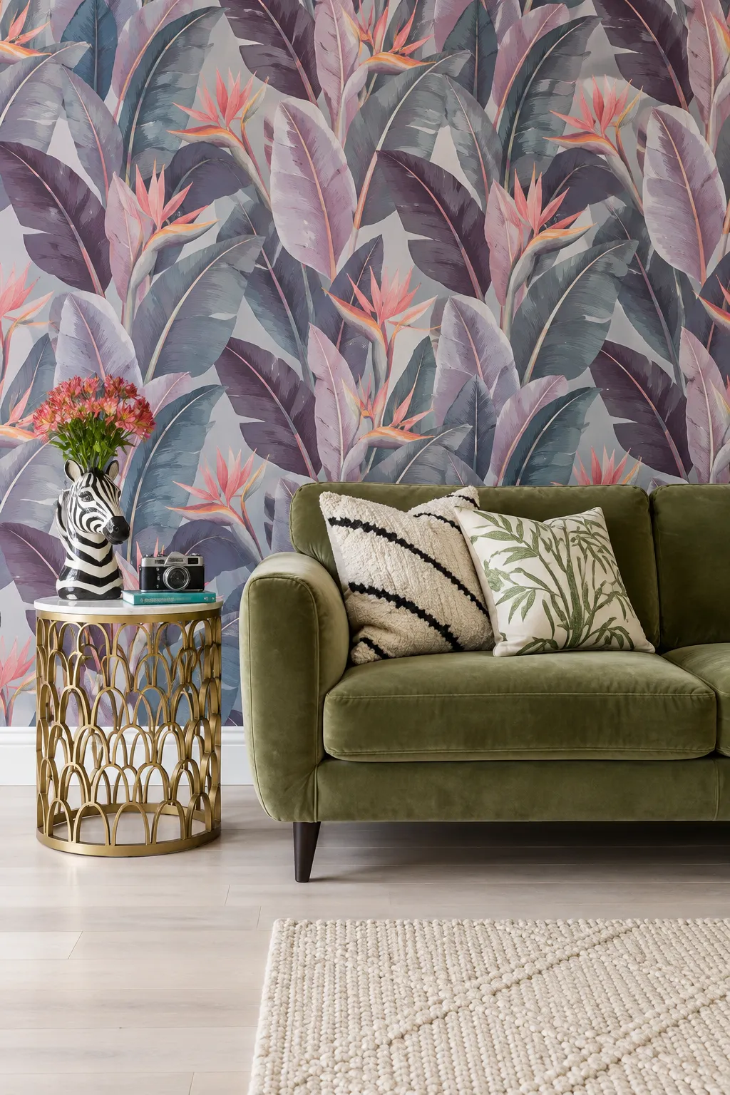 Olive velvet sofa set against a purple foliage backdrop.