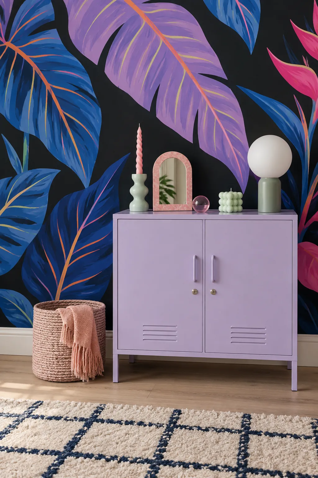 Interior concept pairing purple and blue foliage wallpaper with a lilac cabinet.