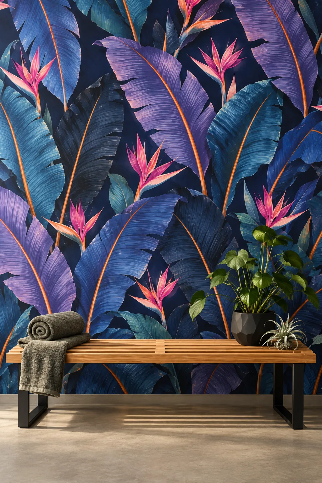 Wood bench set against a mural of purple and blue foliage.