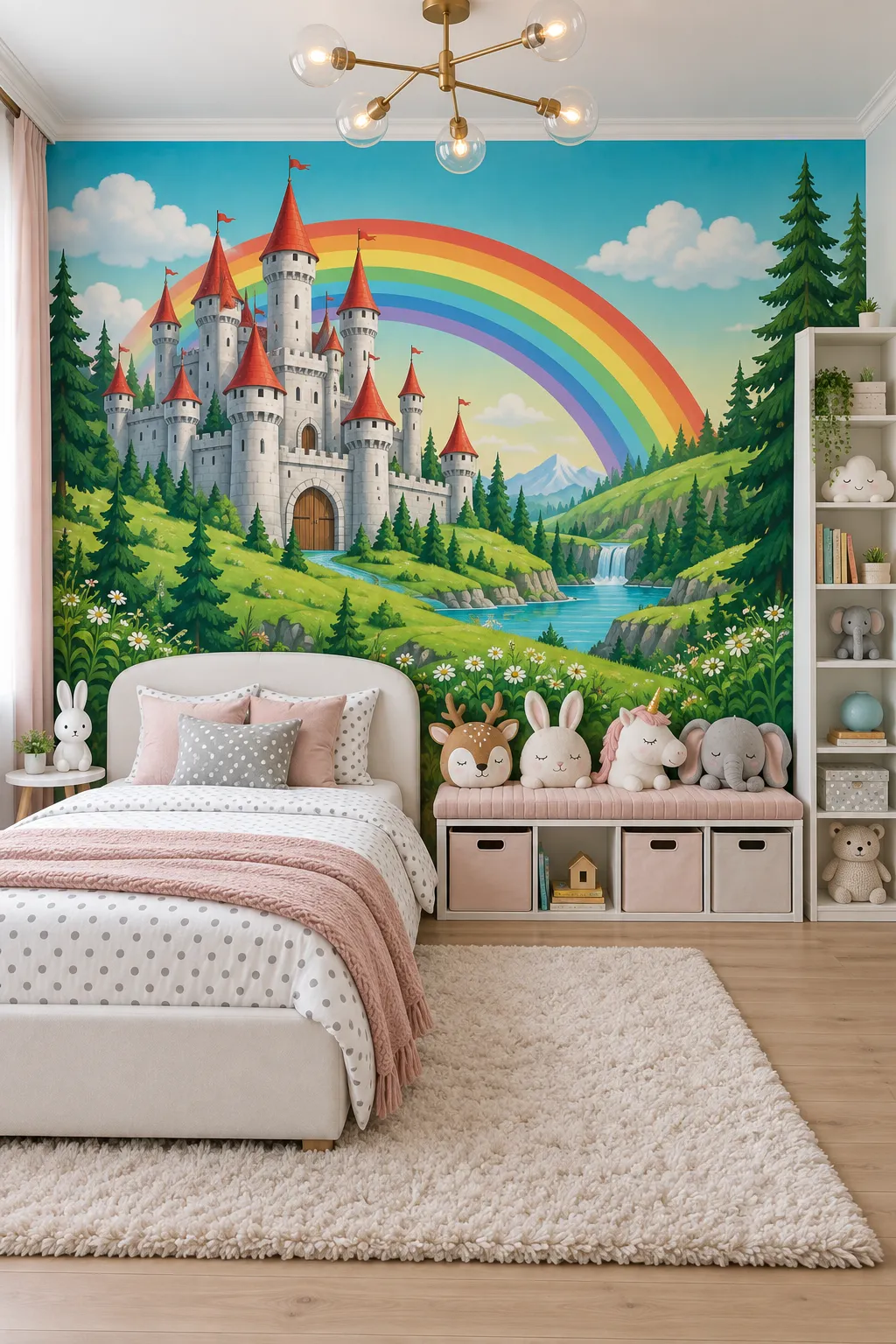 Kids’ bedroom concept featuring a cheerful rainbow castle mural.