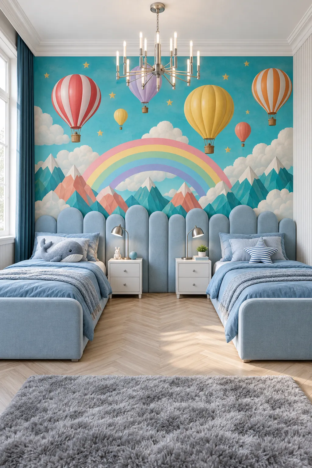 Rainbow mountain and balloon wallpaper concept for a colorful twin bedroom