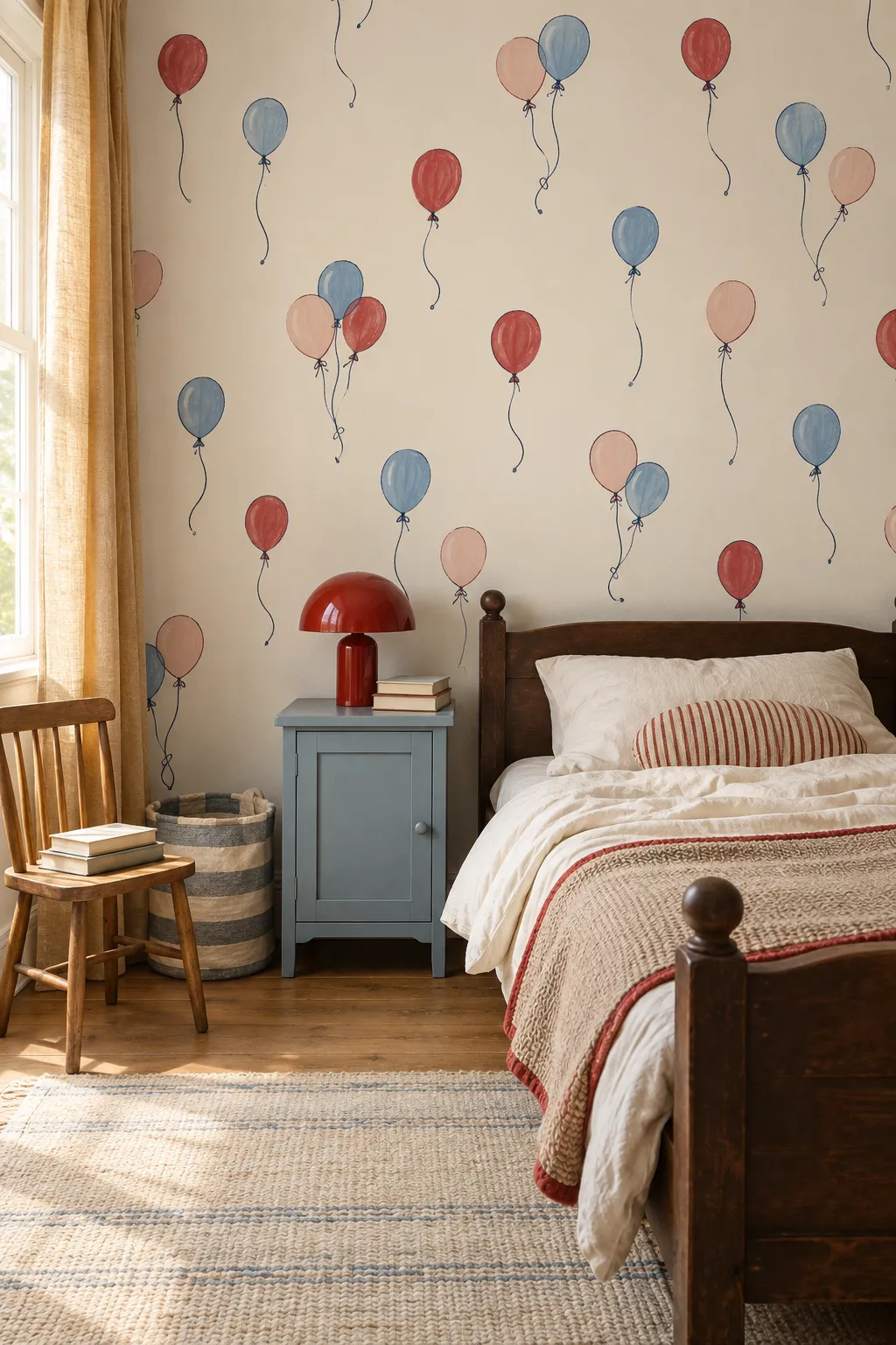 Simple red, pink, and blue balloon wallpaper for a vintage children's room