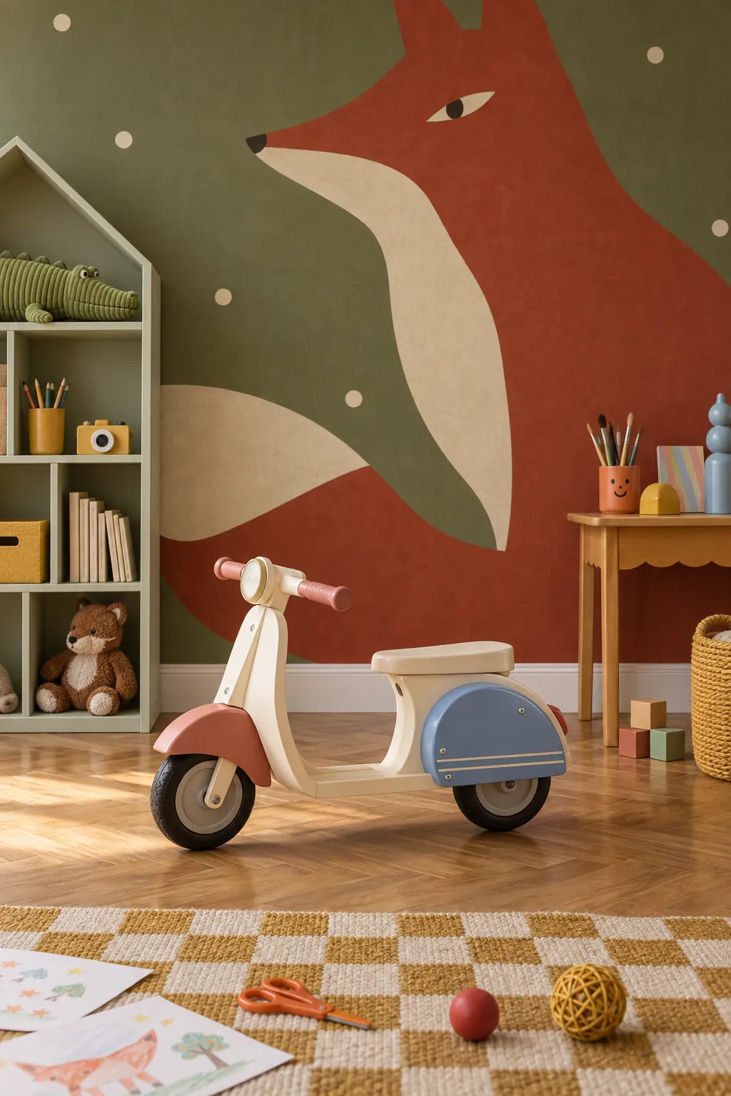 Earthy fox nursery concept with rust red accents and olive green details