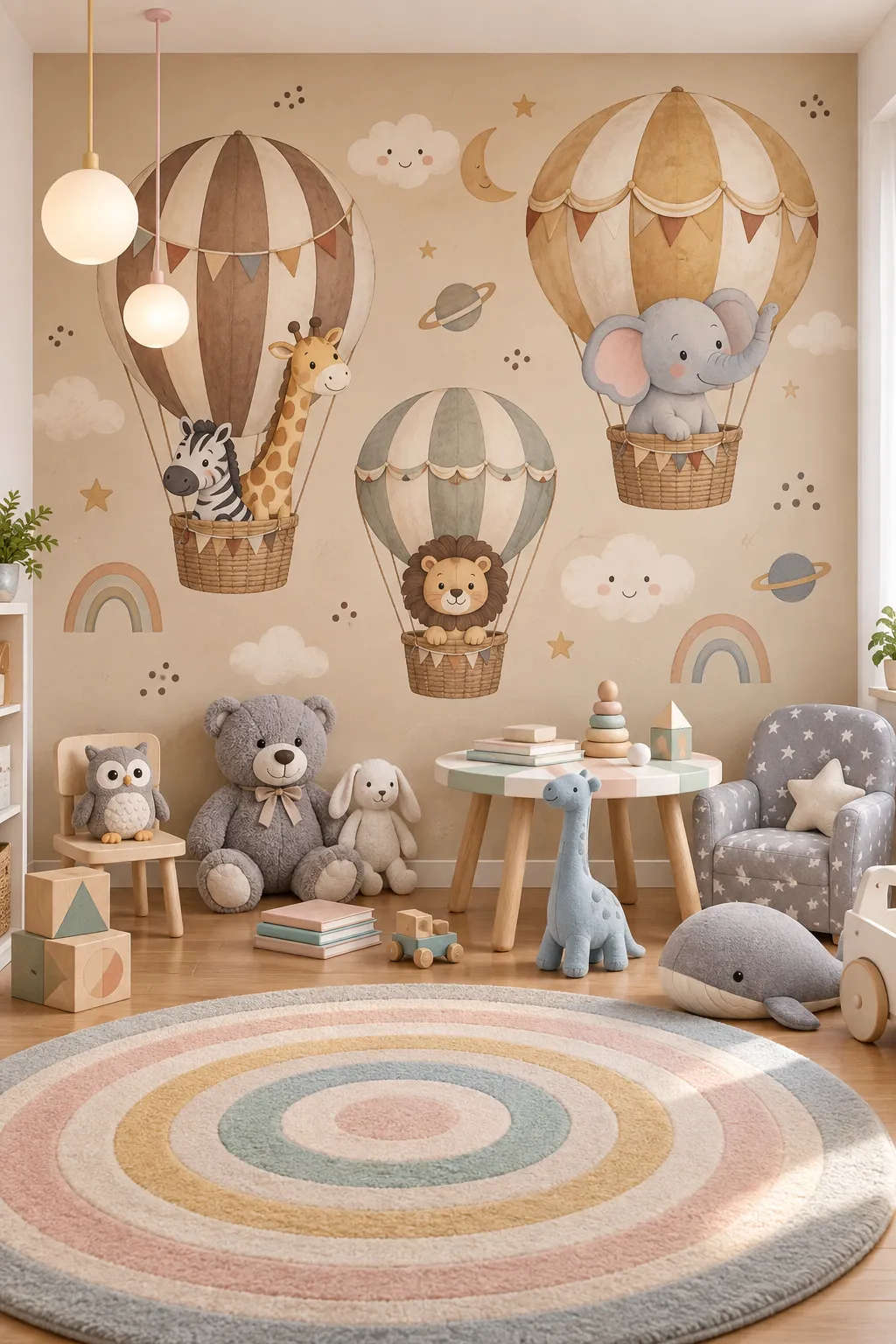 Safari animal and hot air balloon theme for an adventure-inspired nursery
