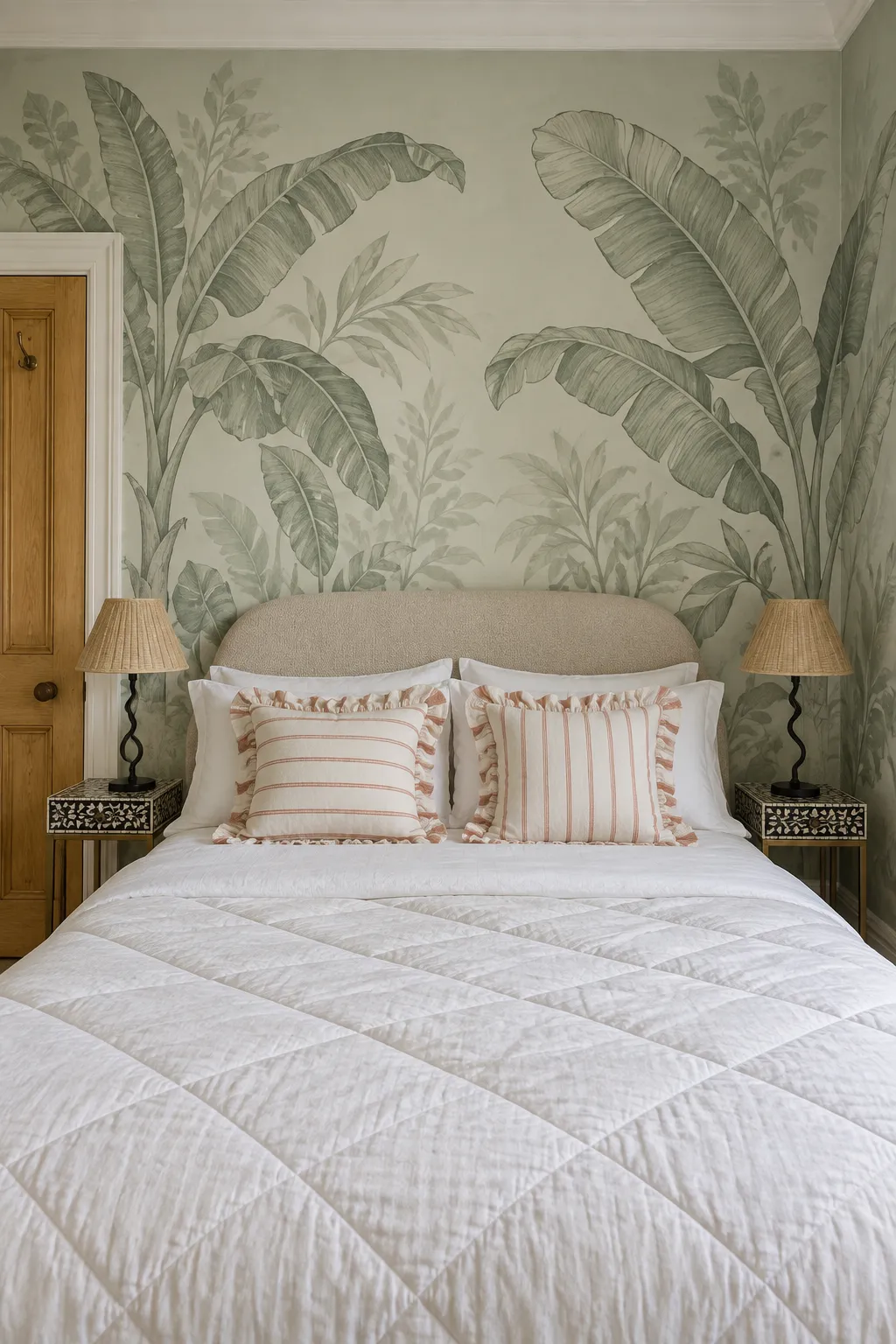 Calm bedroom concept with sage leaf wallpaper and ruffled pillows.