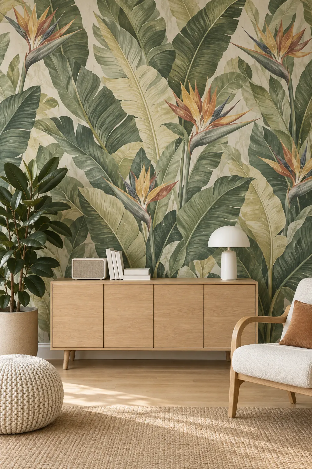 Botanical wall design combining soft sage foliage with a bird-of-paradise motif.