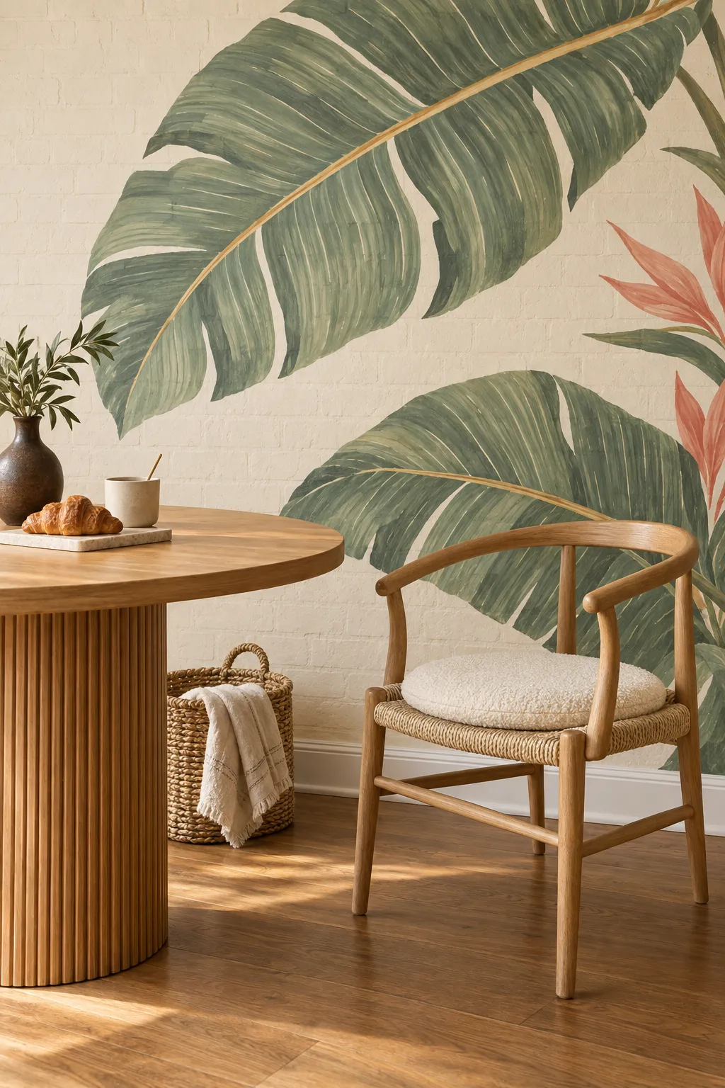 Breakfast nook with sage-leaf walls and natural wood furniture.