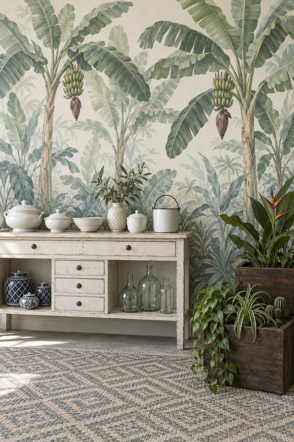 Rustic white console against a sage banana-tree wall backdrop.