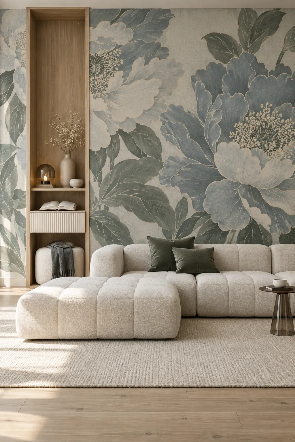 Modern living room concept featuring sage-gray peony walls and neutral furniture.