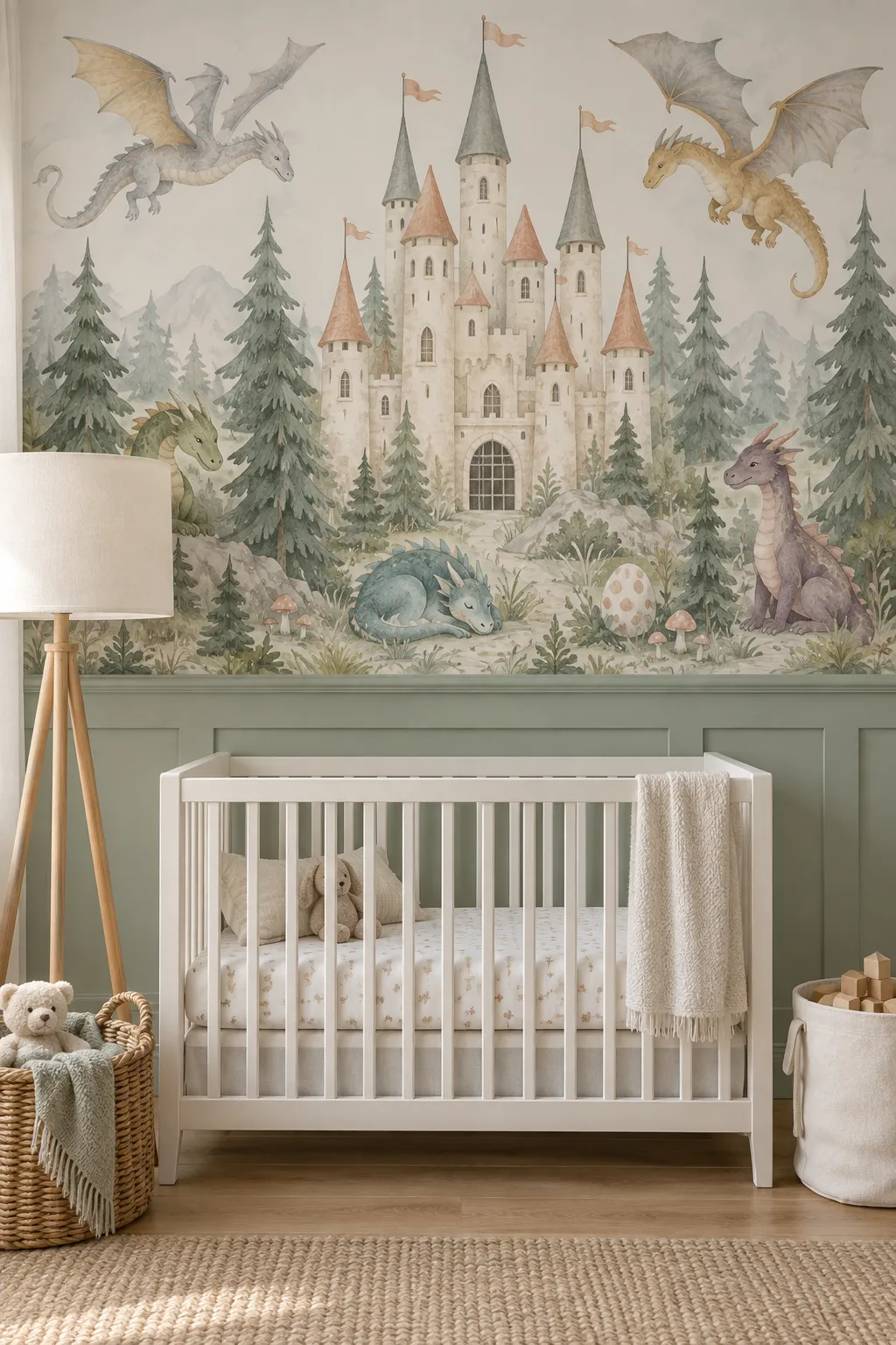 Sage green nursery concept featuring a castle and friendly dragon illustrations.