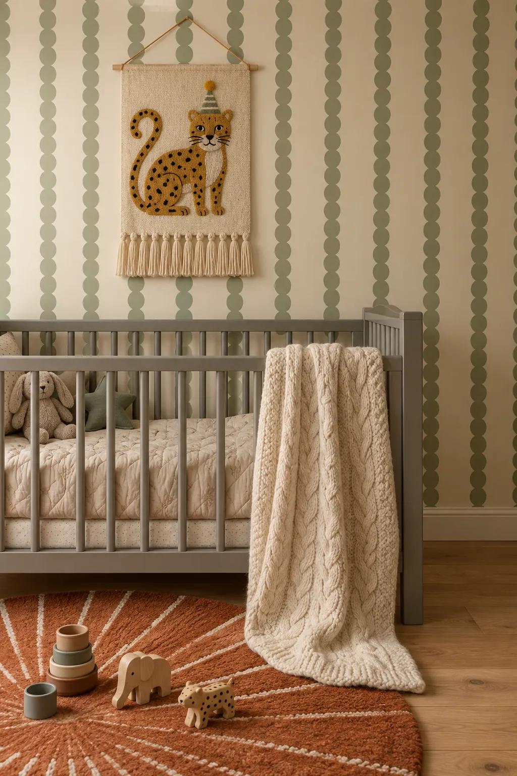 Sage scalloped nursery wallpaper paired with a rust-colored rug.
