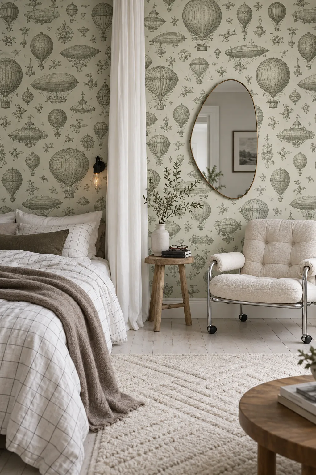 Sage and neutral balloon wallpaper palette for a calm child's bedroom