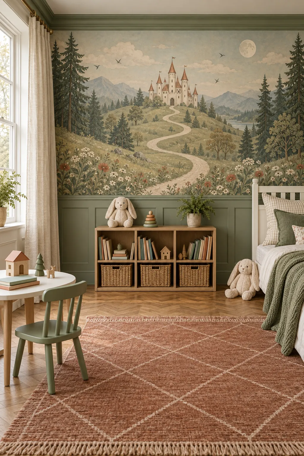 Woodland castle bedroom concept with sage green accents and natural wood furniture.