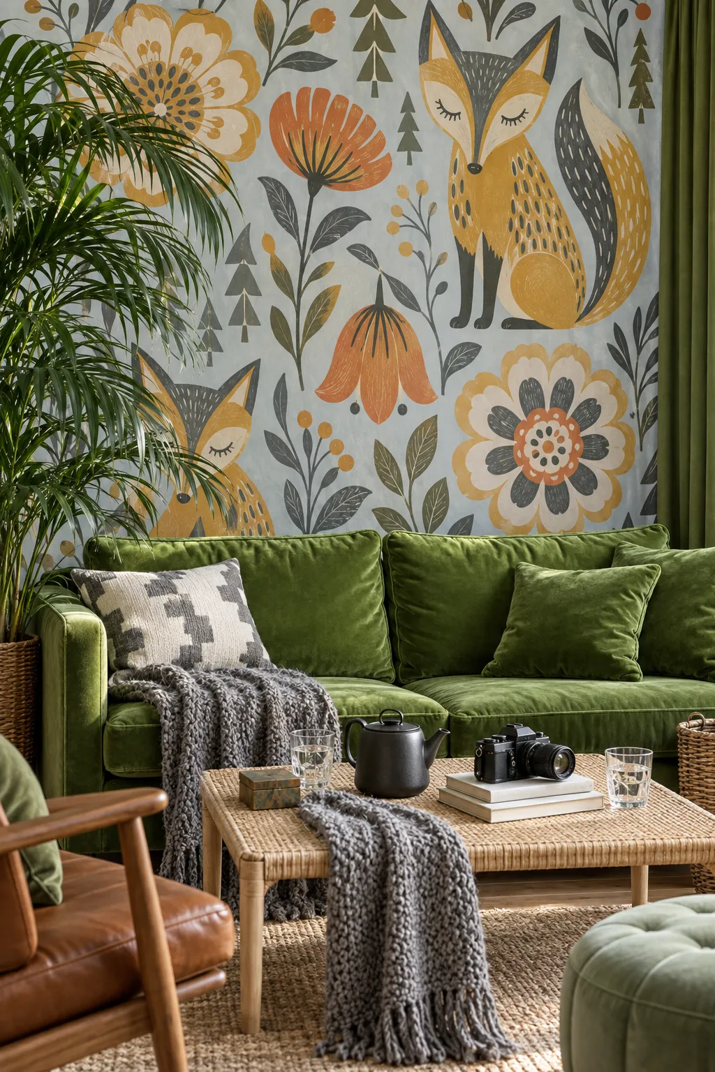 Scandinavian fox folk art paired with a green sofa