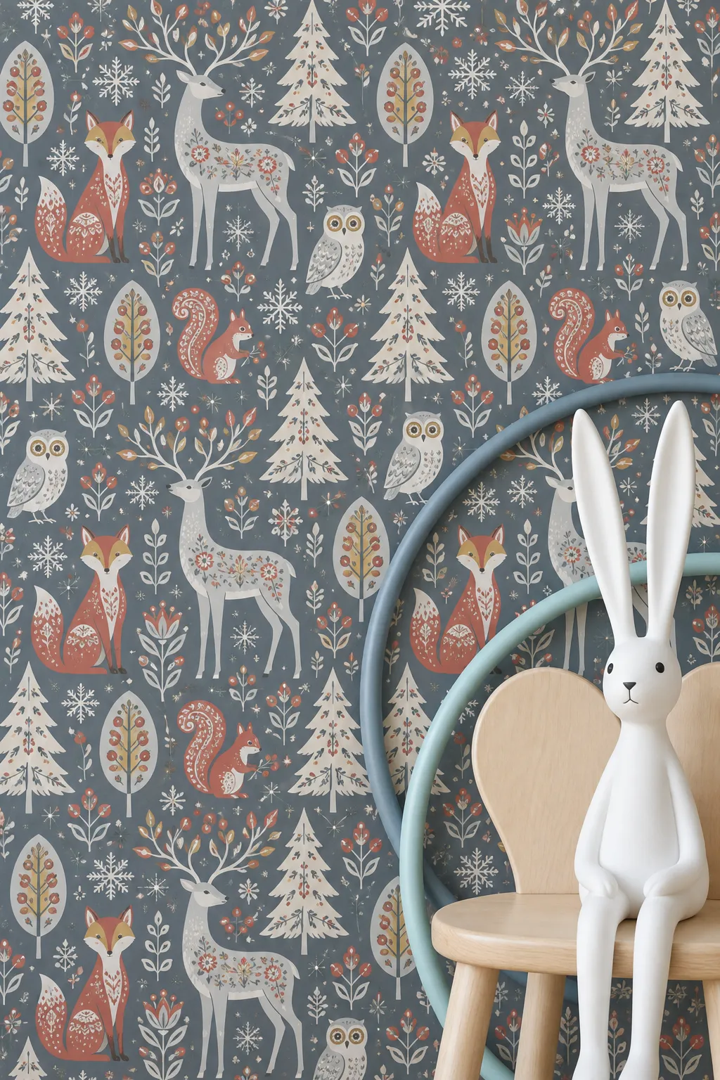 Blue fox folk art mural in a Scandinavian-inspired nursery.