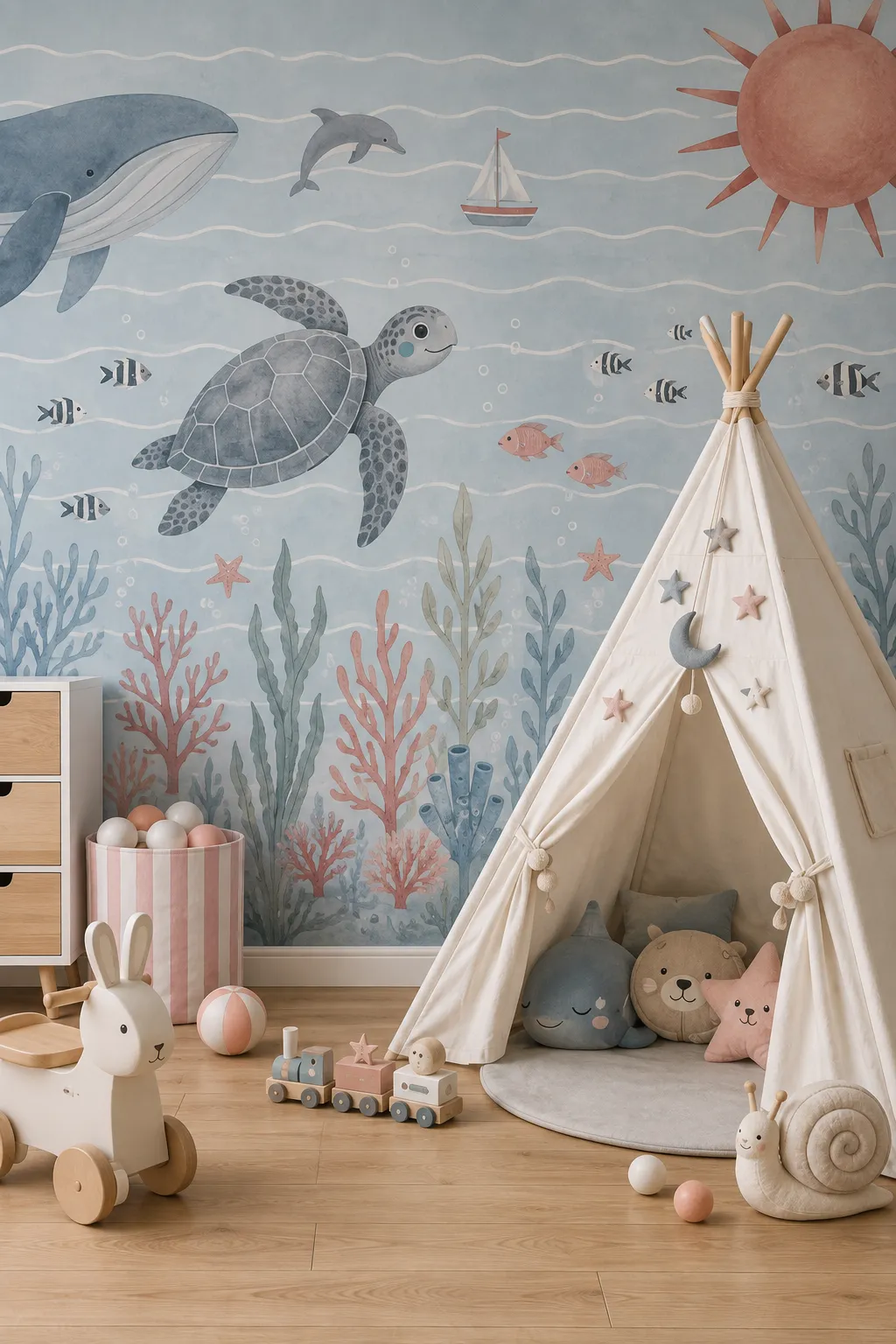 Playroom mural concept featuring sea turtles, fish, and gentle ocean waves