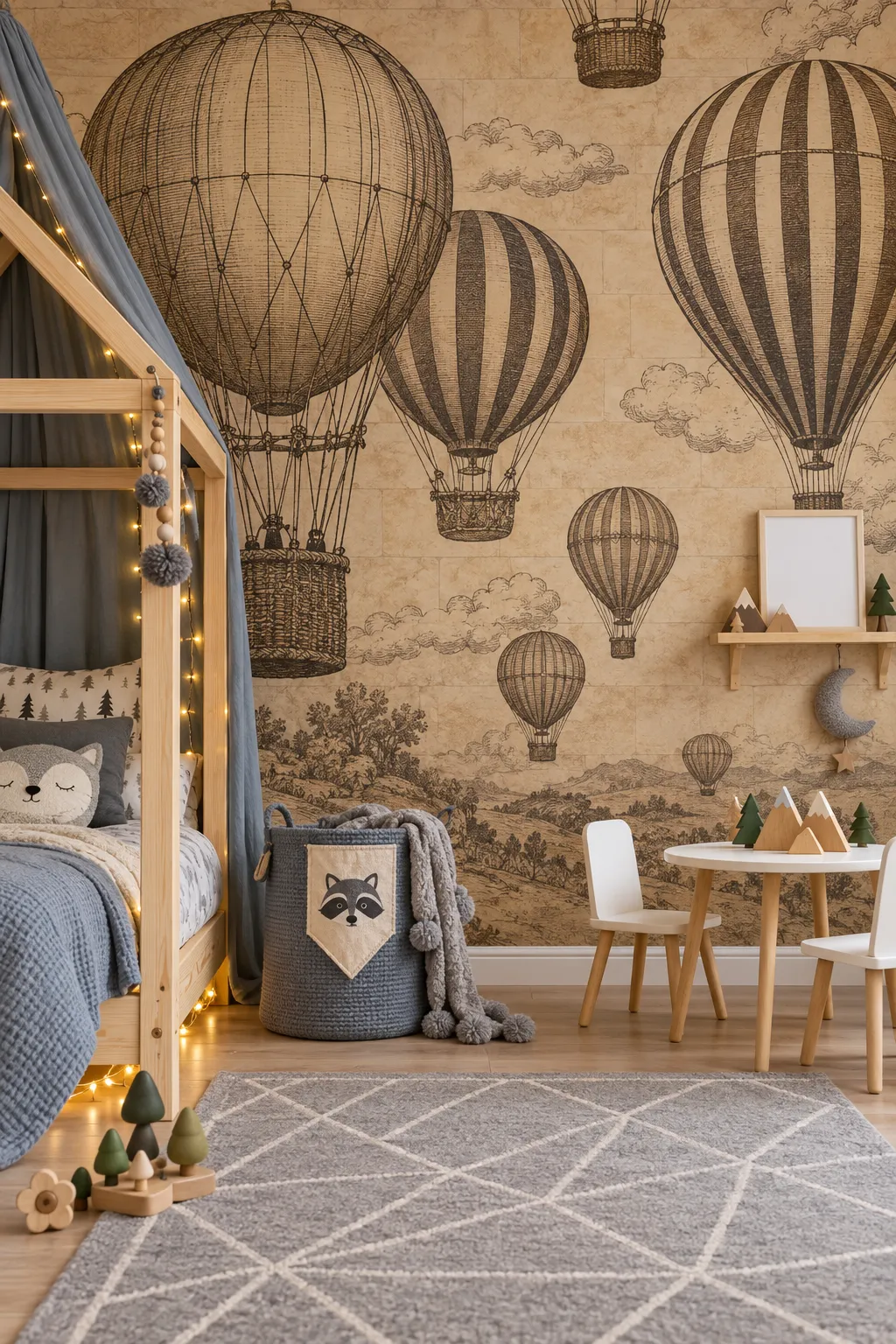 Sepia balloon illustrations for a cozy vintage children's room