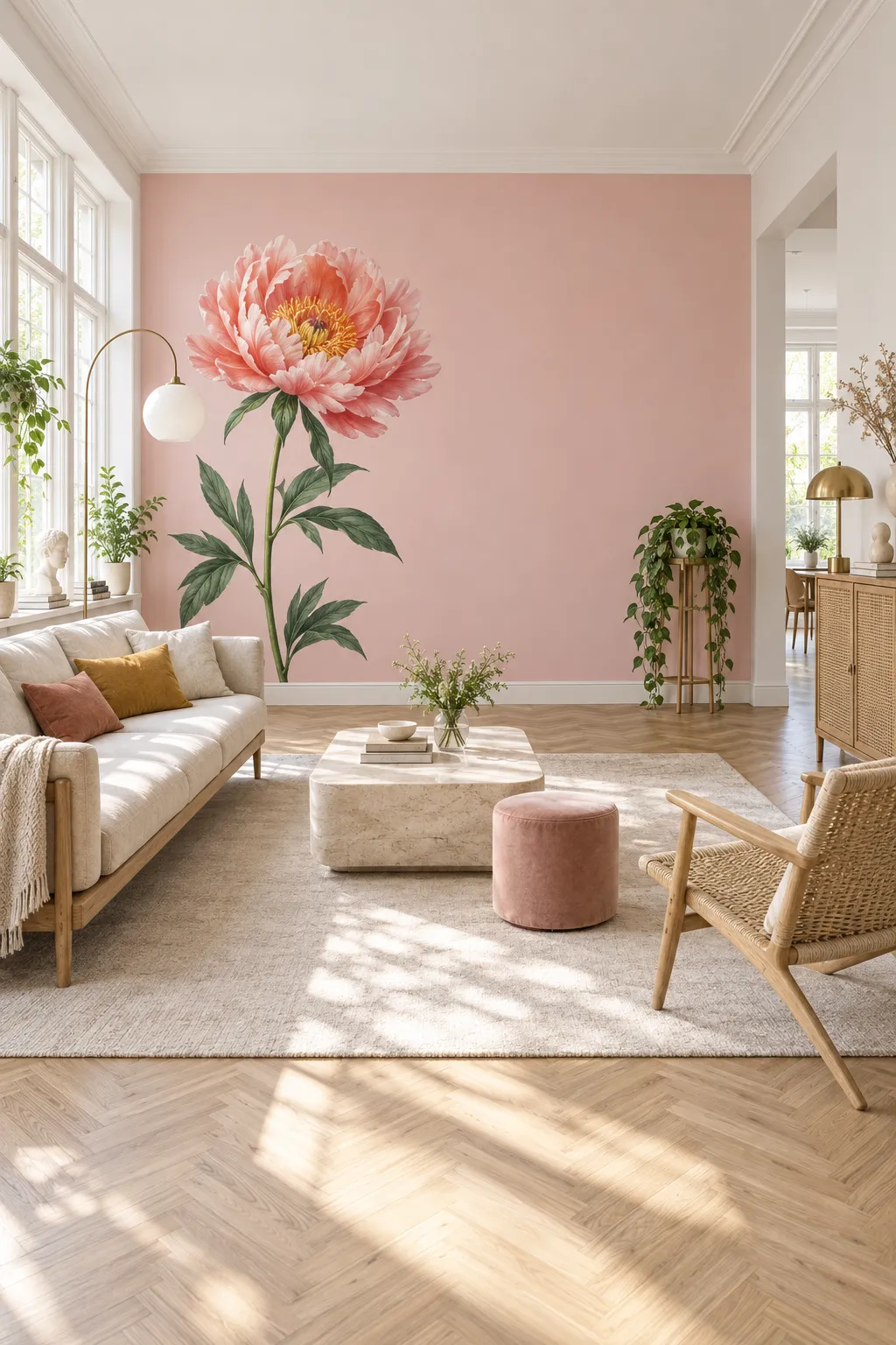 Airy neutral living room concept featuring one oversized pink peony on the wall.