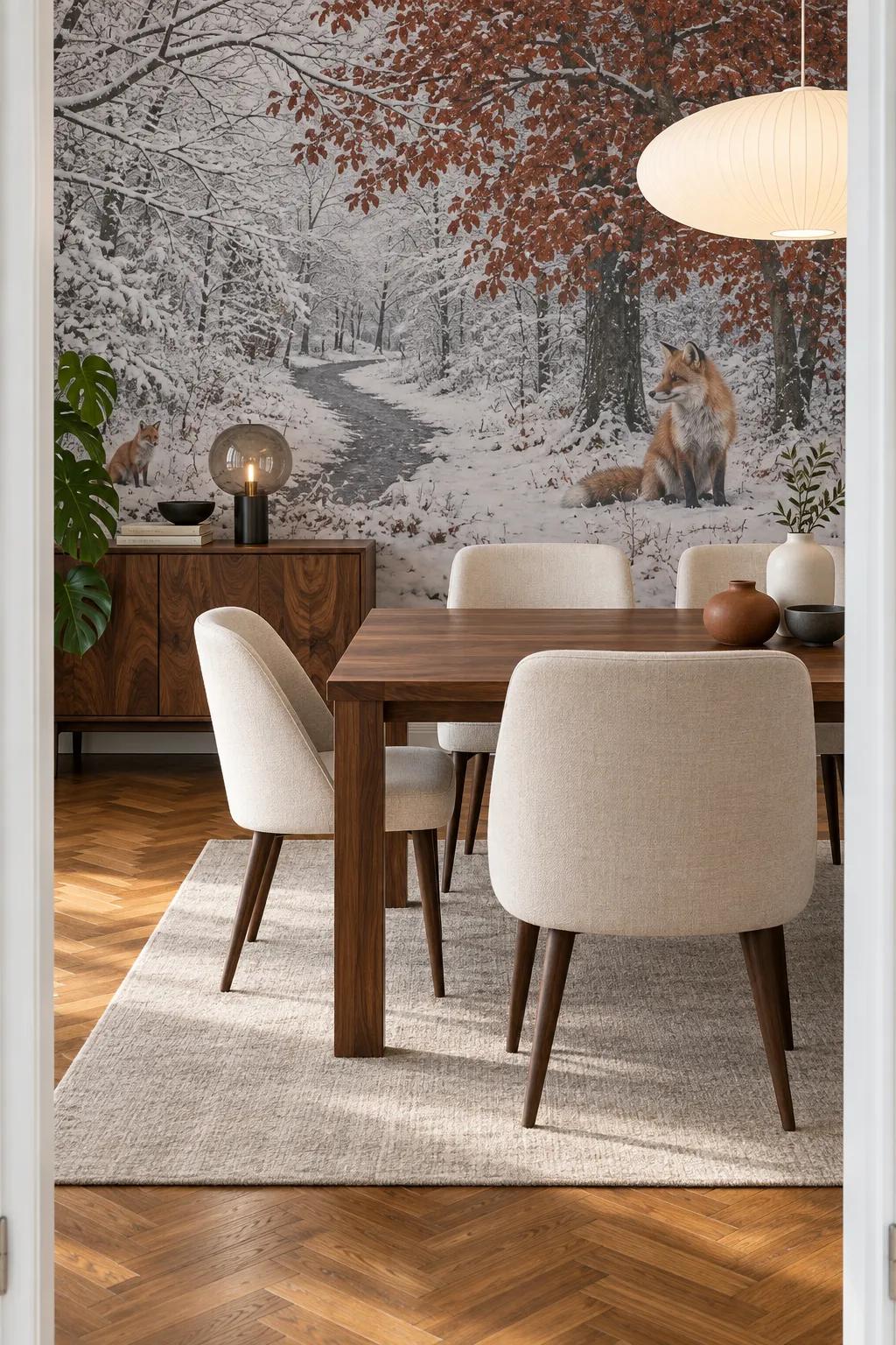 Dining room decorating concept with a fox in a snowy woodland scene