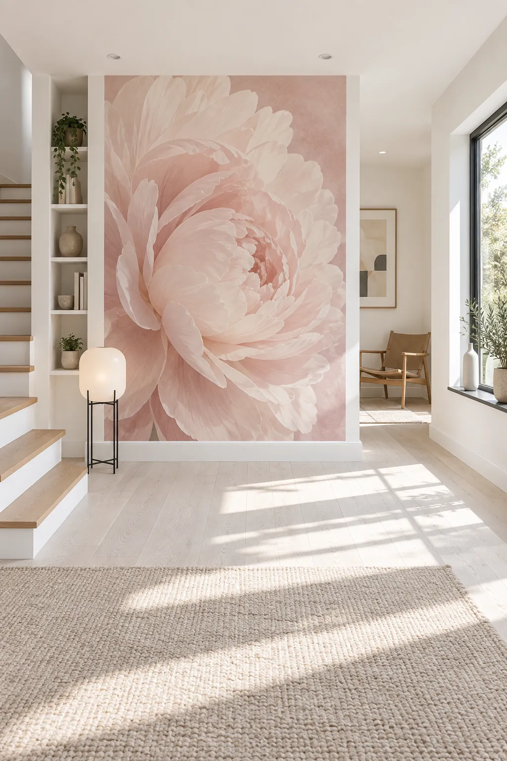 Minimalist entryway concept with an airy blush floral mural and a slim console.