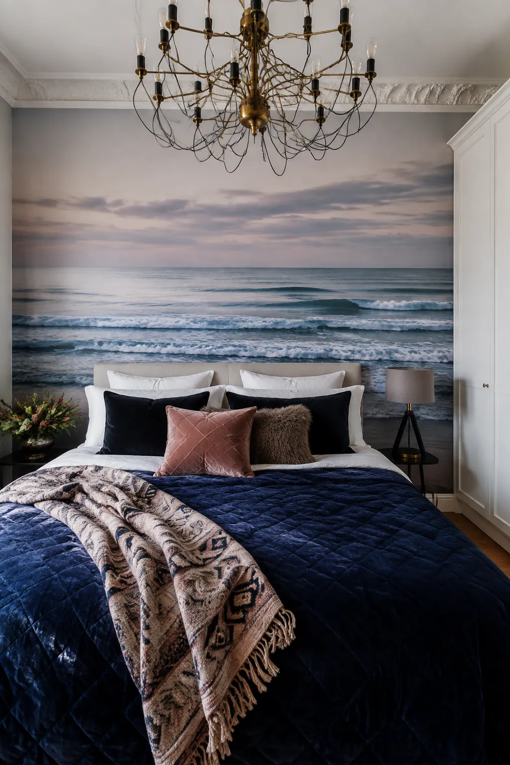 Soft wave mural concept coordinated with navy velvet bedding
