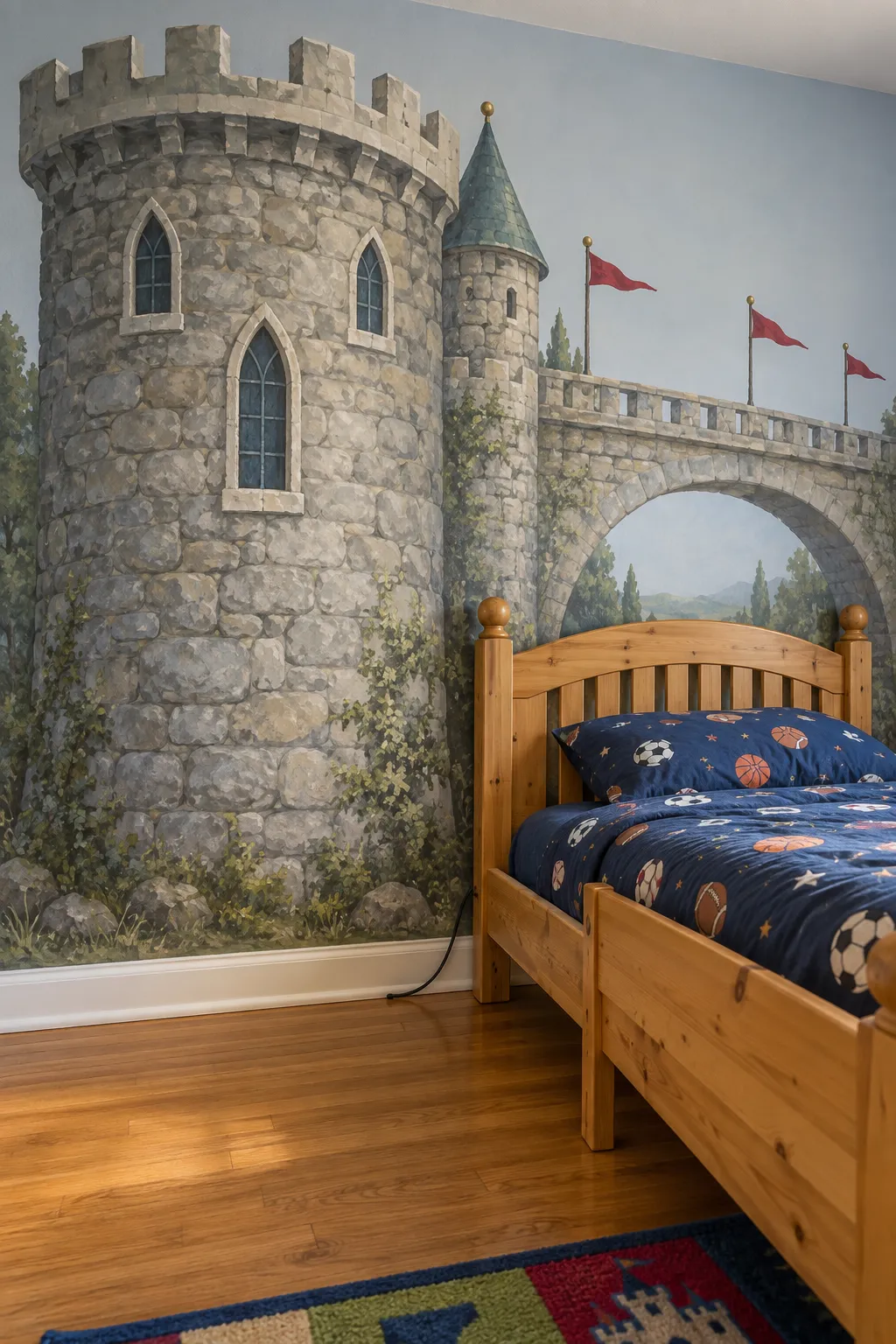 Castle bedroom concept pairing a stone castle scene with a wooden child’s bed.