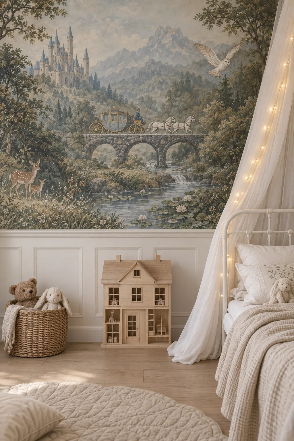 Canopy bed concept positioned against a storybook castle backdrop.