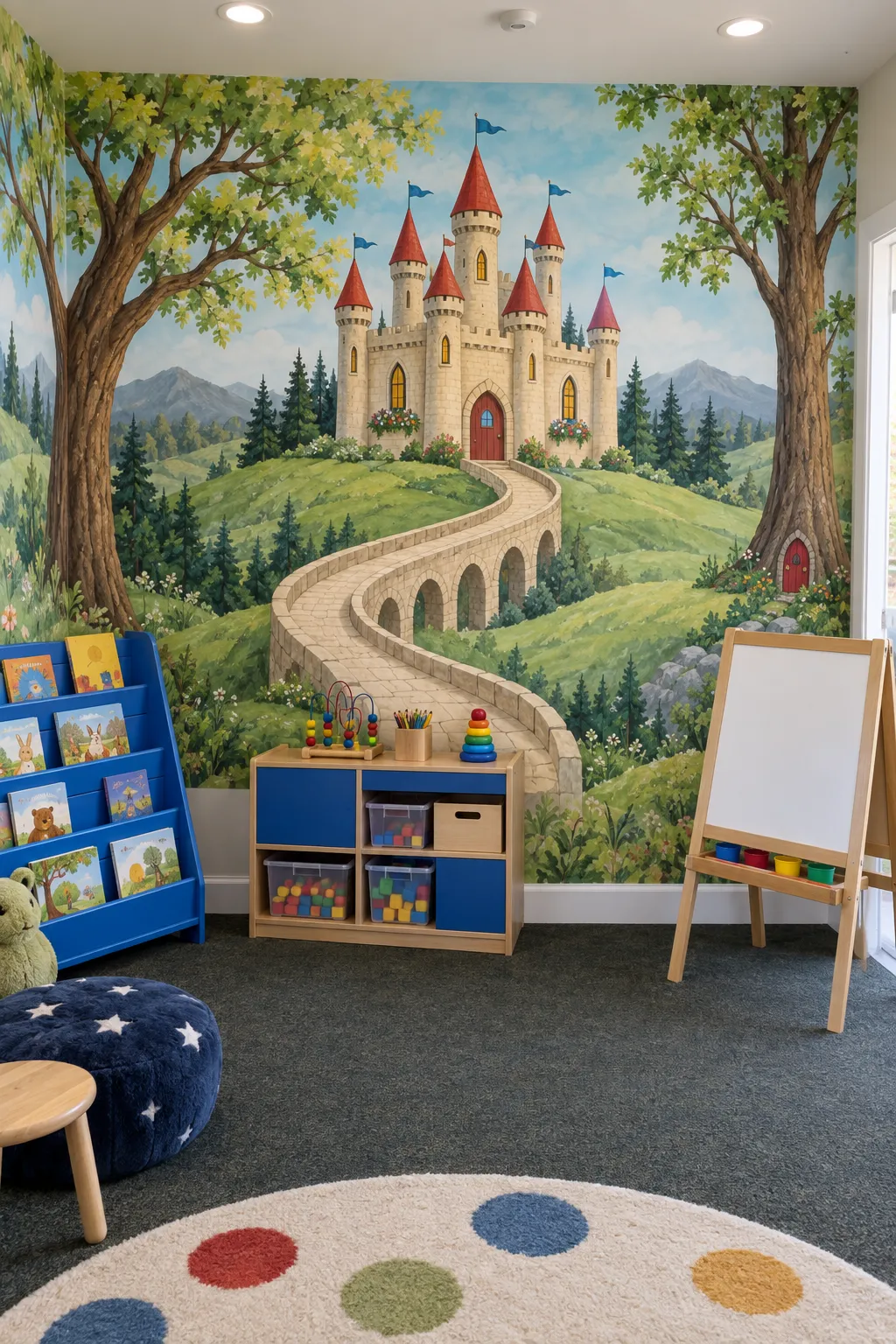 Storybook playroom concept featuring a forest bridge and distant castle.