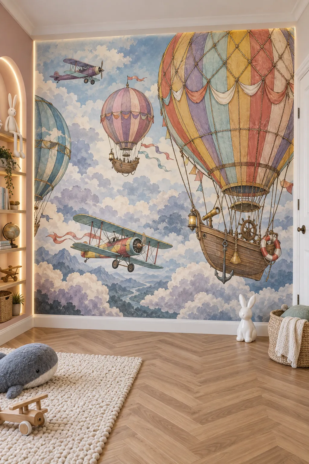 Storybook balloon, airplane, and cloud wallpaper for an aviation-themed child's room