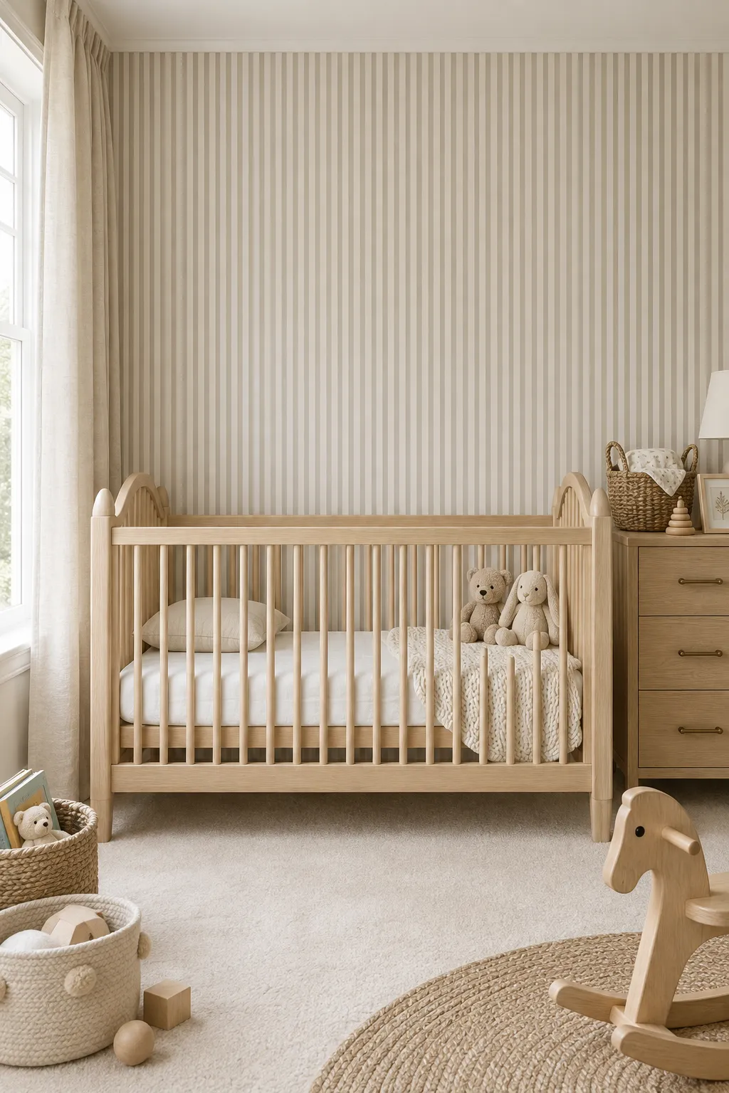 Beige striped nursery wall paired with a natural wood crib