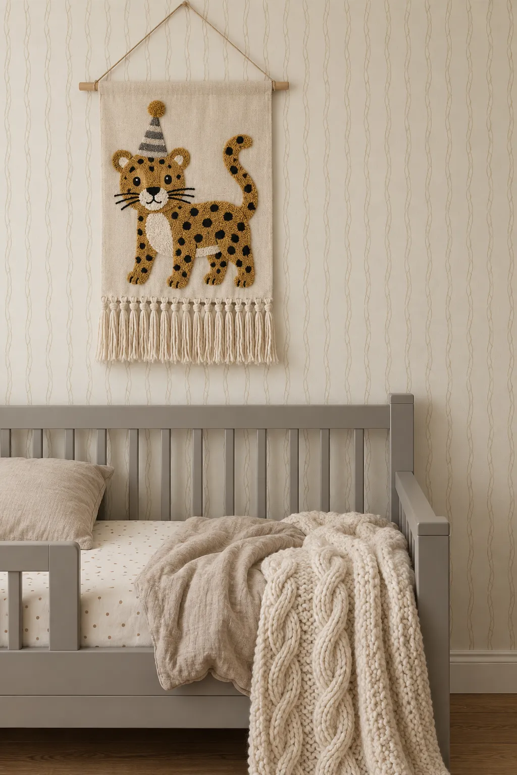 Nursery decor pairing beige wavy stripes with a leopard wall hanging.