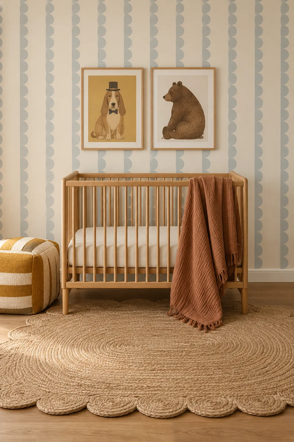 Natural wood crib set against scalloped blue striped nursery wallpaper.